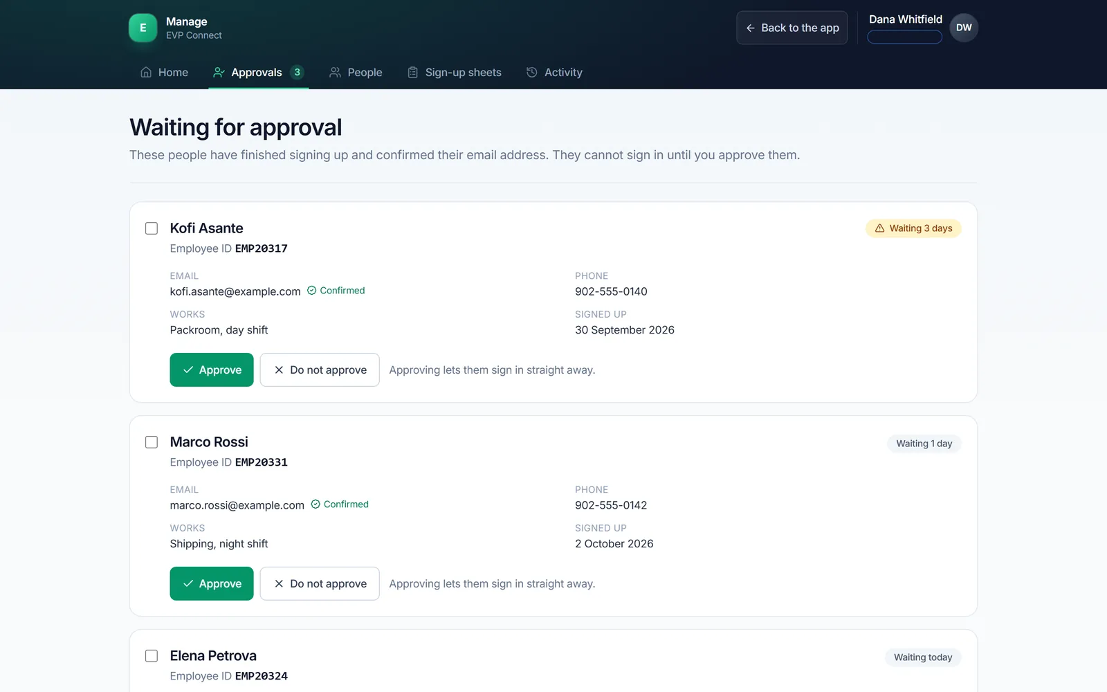 New accounts waiting for approval, each with an employee ID, email, phone and department