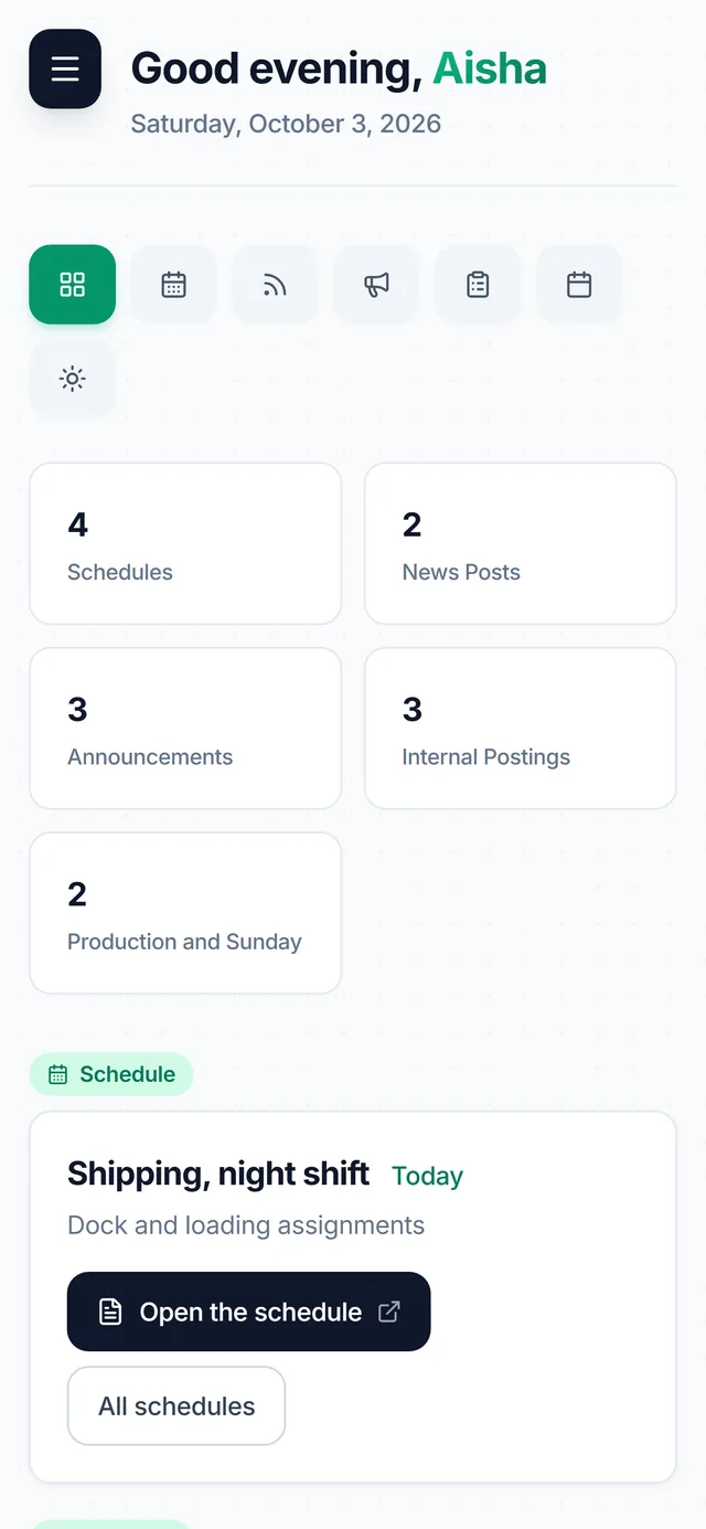 The staff app home on a phone, with counts of schedules, news, announcements and postings
