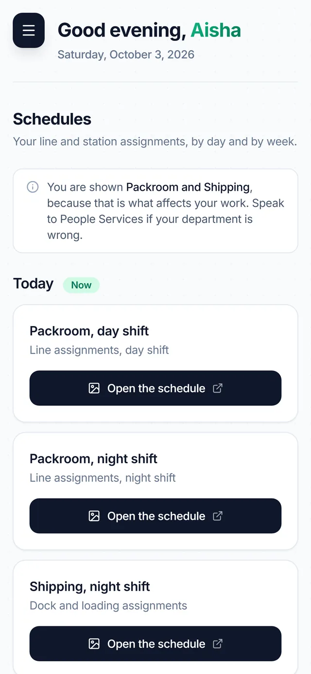 Schedules on a phone, showing only the staff member's own departments